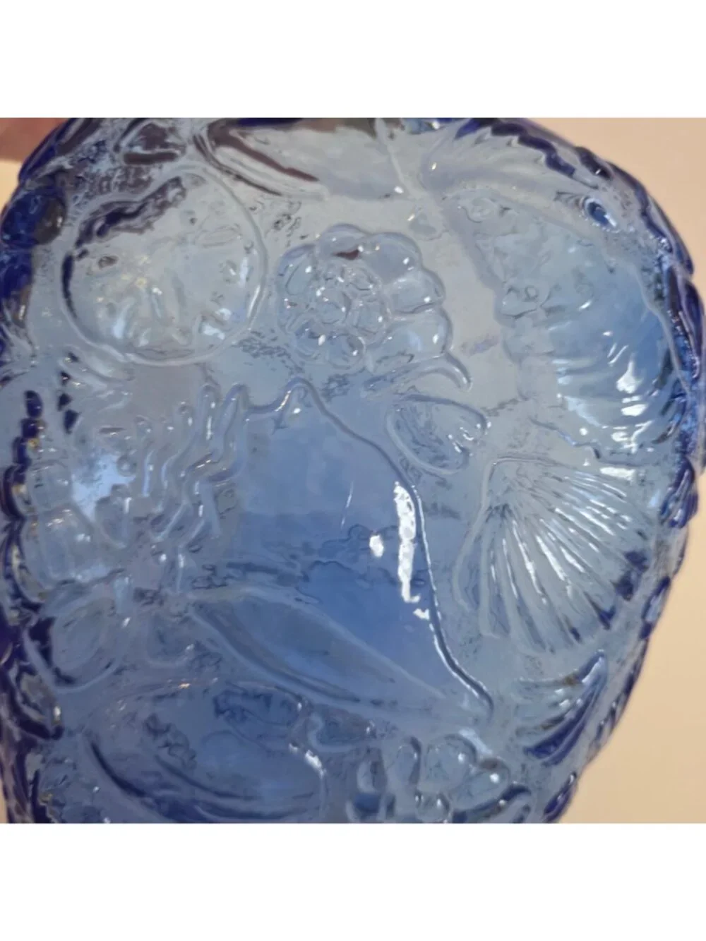 Blue Embossed Glass Vase Bottle With Seashell & Floral Design Coastal Décor